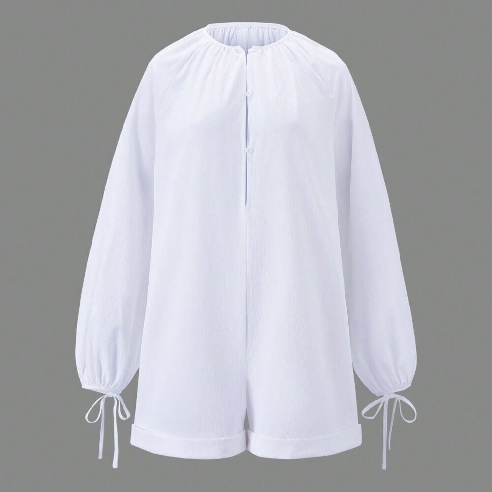 White Cute Women's Solid Color Daily Long Sleeve Romper - Picture 3 of 5